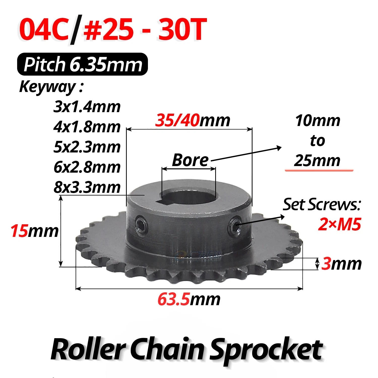 #25 Roller Chain Sprocket With Keyway 04C 13T-40T Tooth Bore 8-30mm Pitch 6.35mm