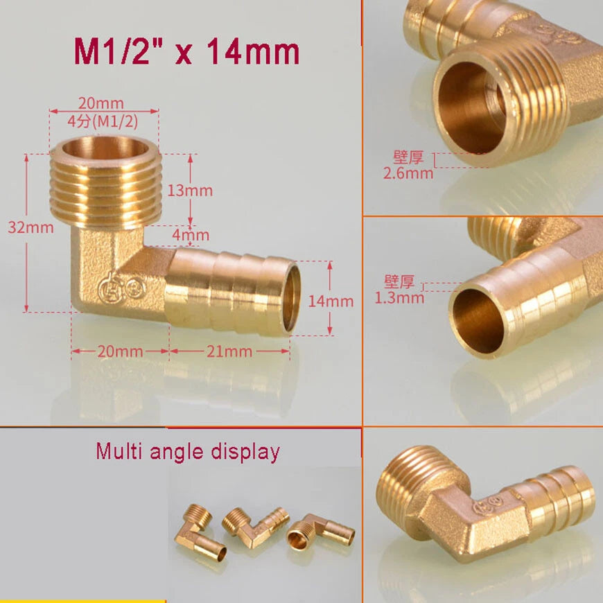 Brass BSP Male Elbow Barb Hose Tail Fittings — 1/8" to 3/4" × 6mm–25mm