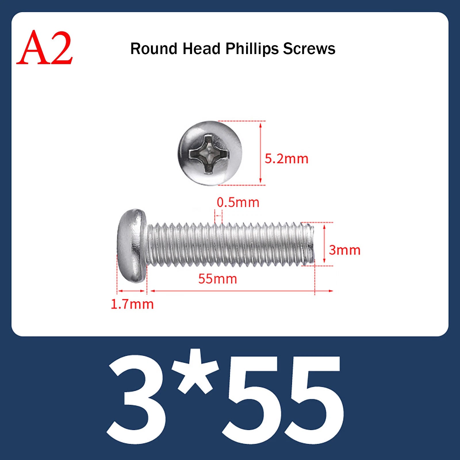 M3 Phillips Pan Head Machine Screws – A2 Stainless Steel, M3×3mm to M3×150mm (Full Length Range)