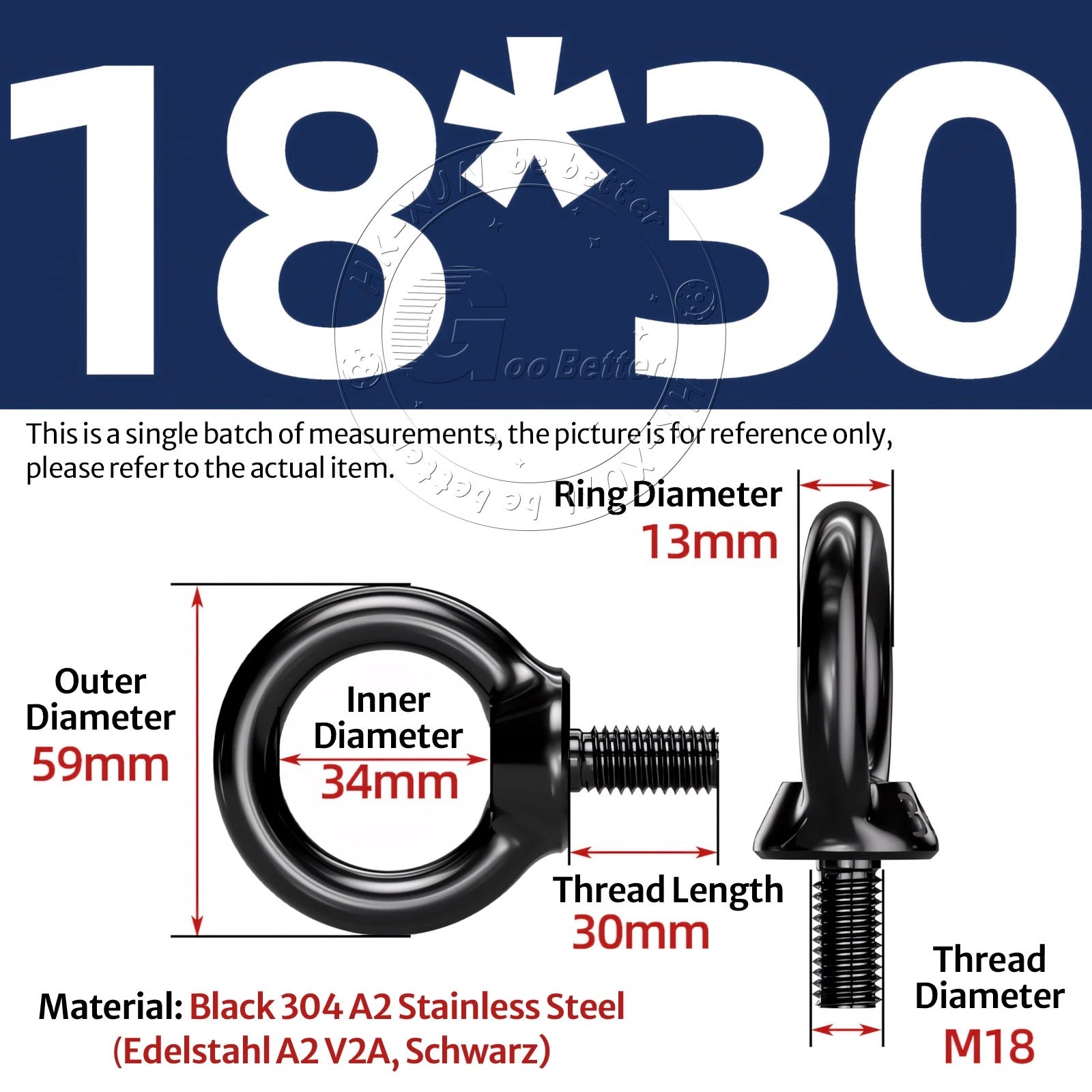 A2 304 Grade Black Stainless Steel Lifting Eye Nuts-Bolts M3 M4 M5 M6 M8 - M24