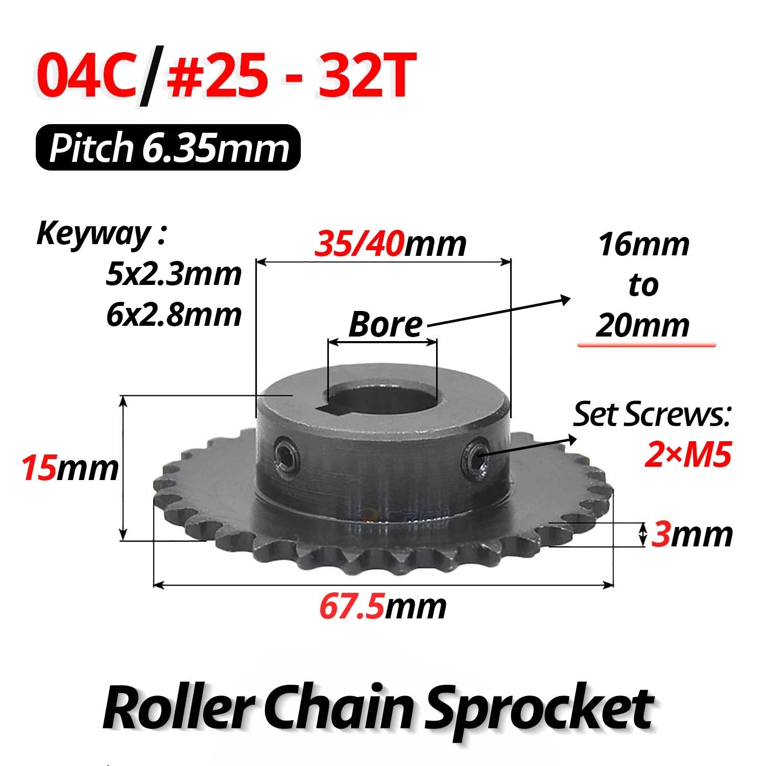 #25 Roller Chain Sprocket With Keyway 04C 13T-40T Tooth Bore 8-30mm Pitch 6.35mm