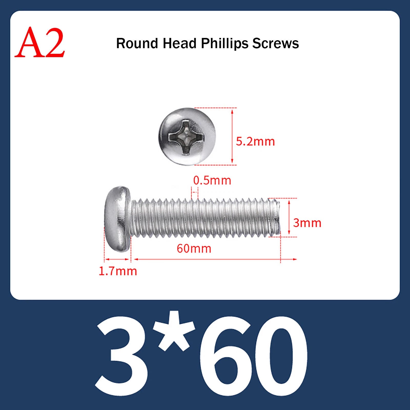 M3 Phillips Pan Head Machine Screws – A2 Stainless Steel, M3×3mm to M3×150mm (Full Length Range)