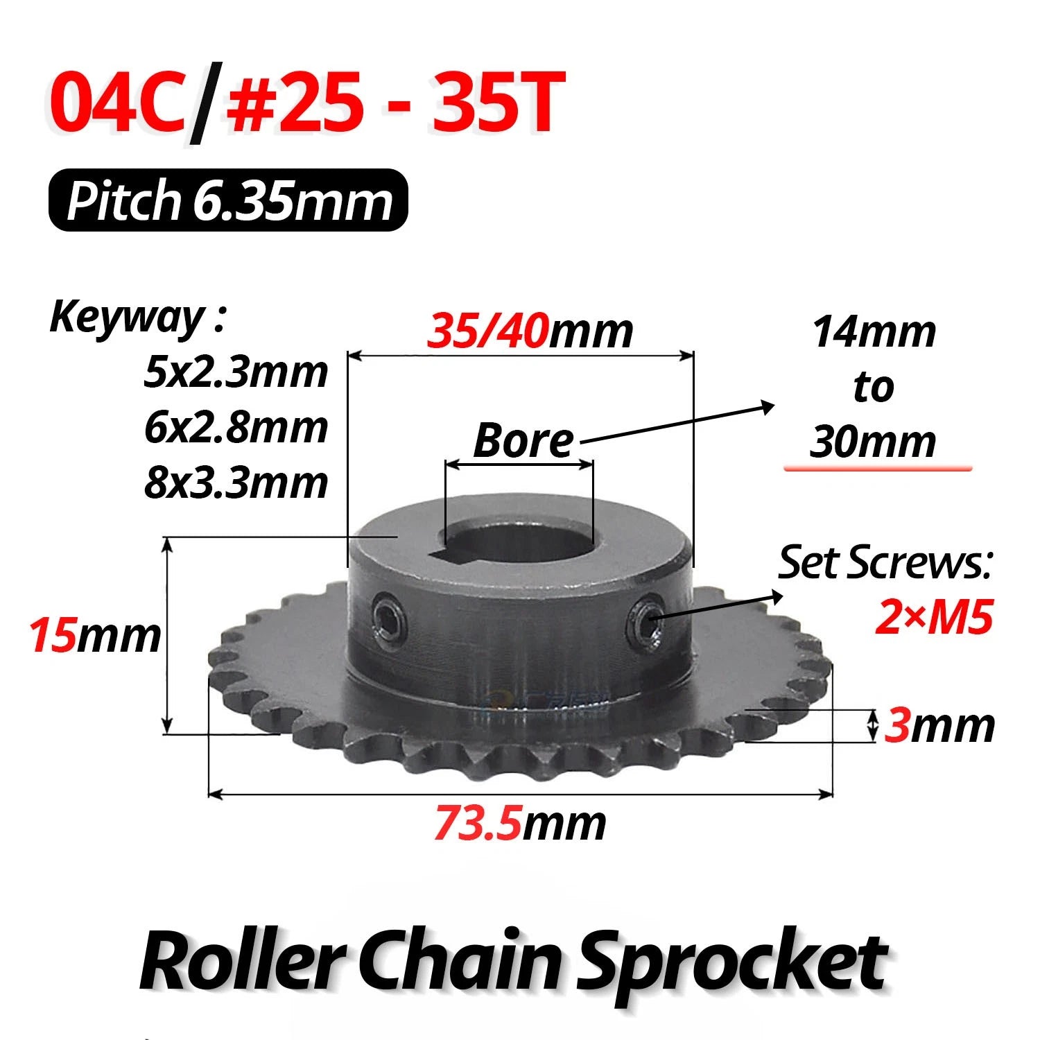 #25 Roller Chain Sprocket With Keyway 04C 13T-40T Tooth Bore 8-30mm Pitch 6.35mm