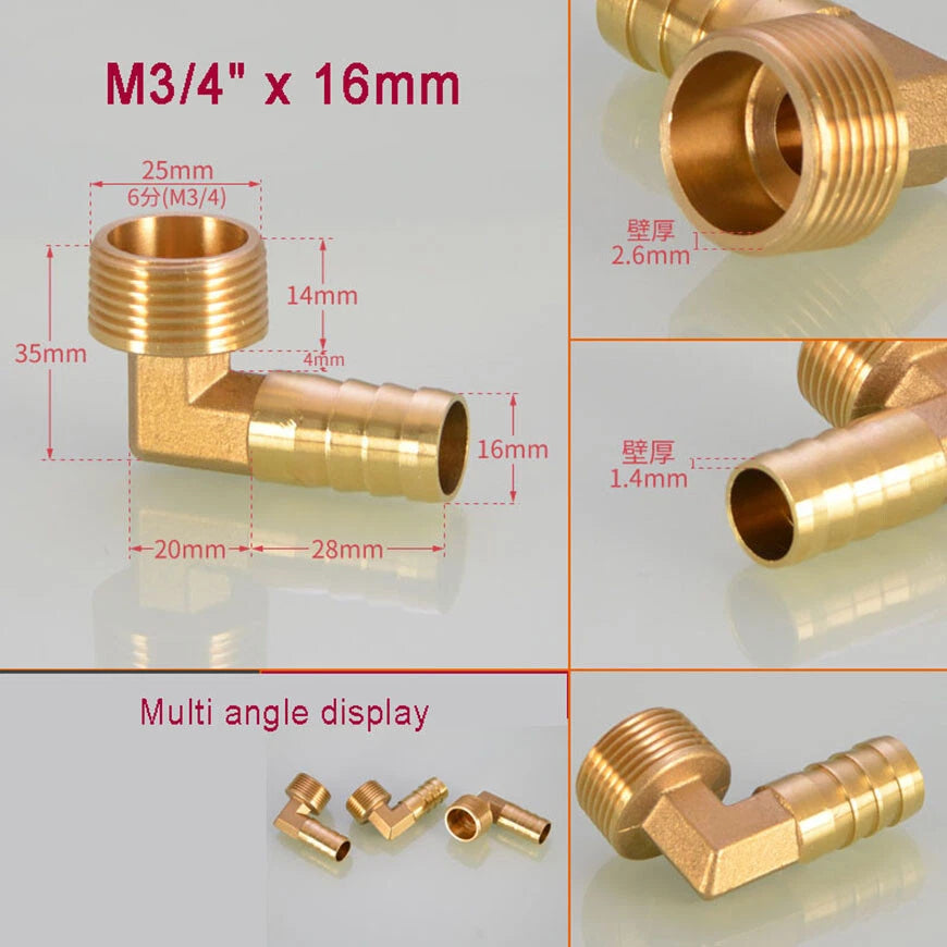 Brass BSP Male Elbow Barb Hose Tail Fittings — 1/8" to 3/4" × 6mm–25mm