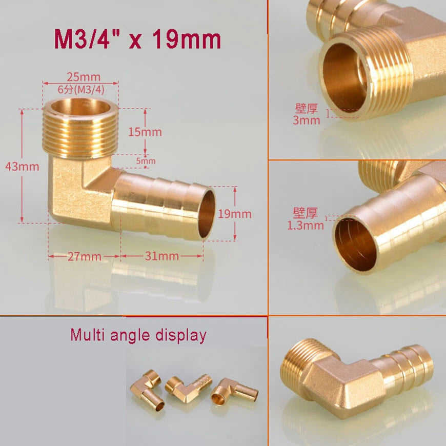 Brass BSP Male Elbow Barb Hose Tail Fittings — 1/8" to 3/4" × 6mm–25mm