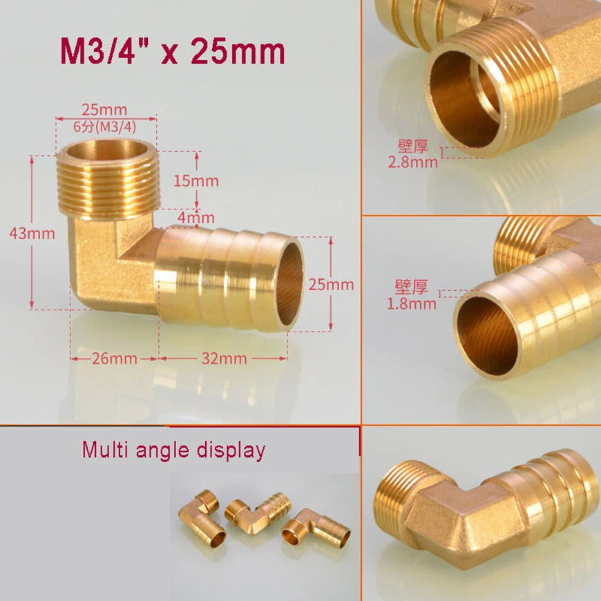 Brass BSP Male Elbow Barb Hose Tail Fittings — 1/8" to 3/4" × 6mm–25mm
