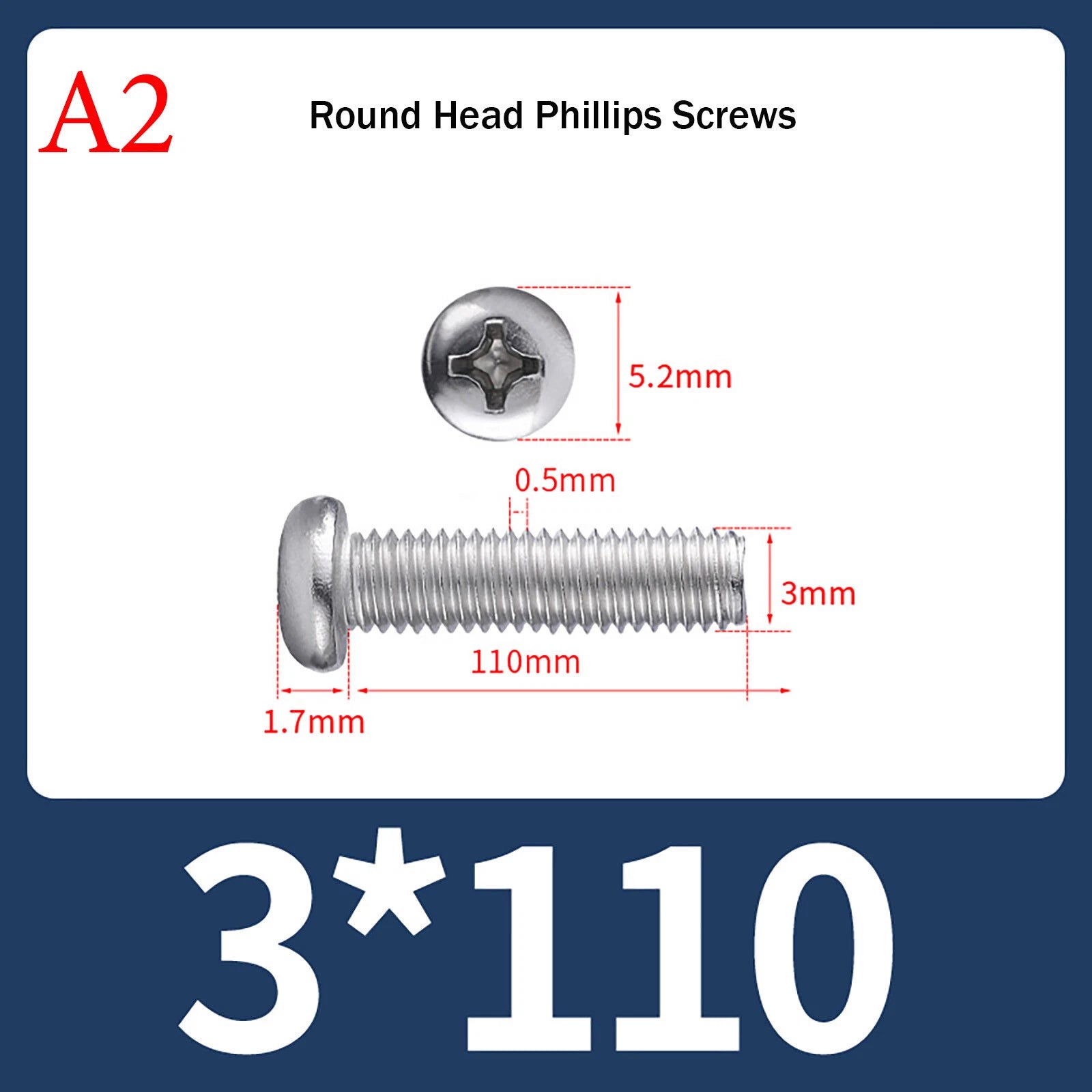 M3 Phillips Pan Head Machine Screws – A2 Stainless Steel, M3×3mm to M3×150mm (Full Length Range)
