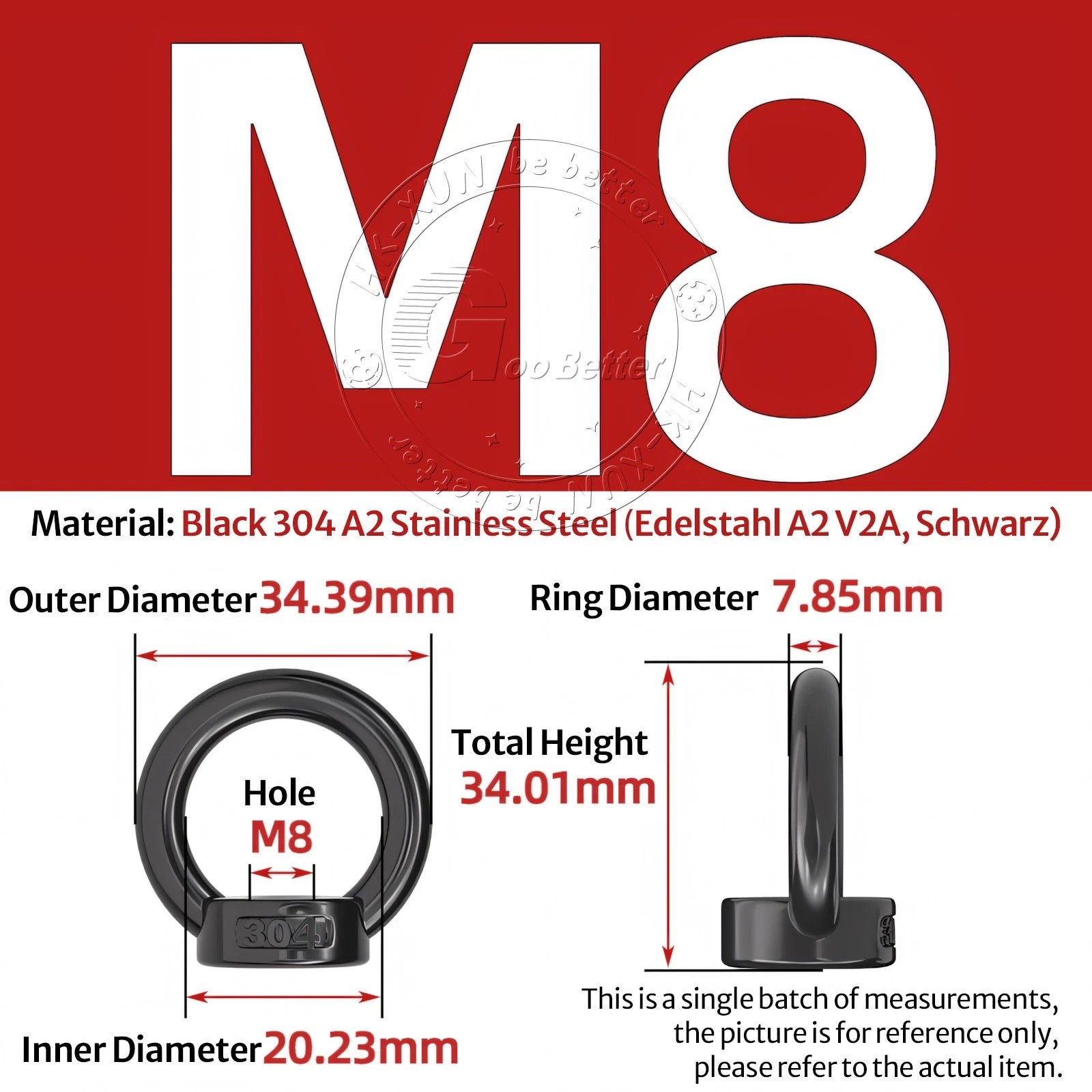 A2 304 Grade Black Stainless Steel Lifting Eye Nuts-Bolts M3 M4 M5 M6 M8 - M24