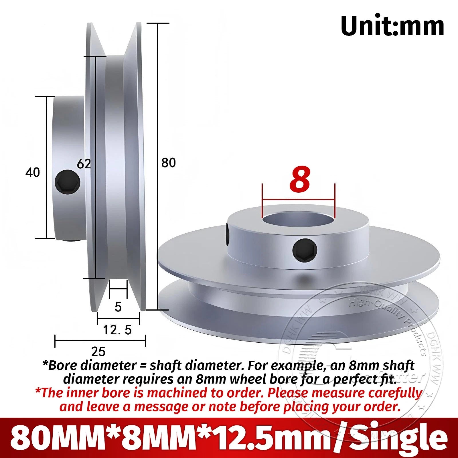 V-Groove Aluminum Drive Pulley For V-Belt Pulleys Groove 12.5mm OD 40mm-150mm