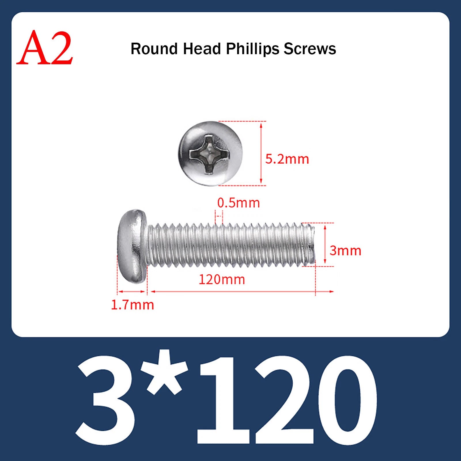 M3 Phillips Pan Head Machine Screws – A2 Stainless Steel, M3×3mm to M3×150mm (Full Length Range)