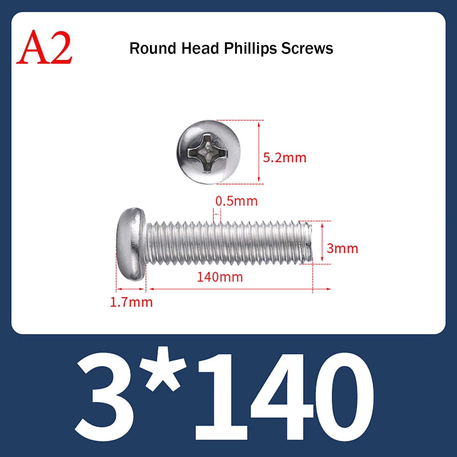 M3 Phillips Pan Head Machine Screws – A2 Stainless Steel, M3×3mm to M3×150mm (Full Length Range)