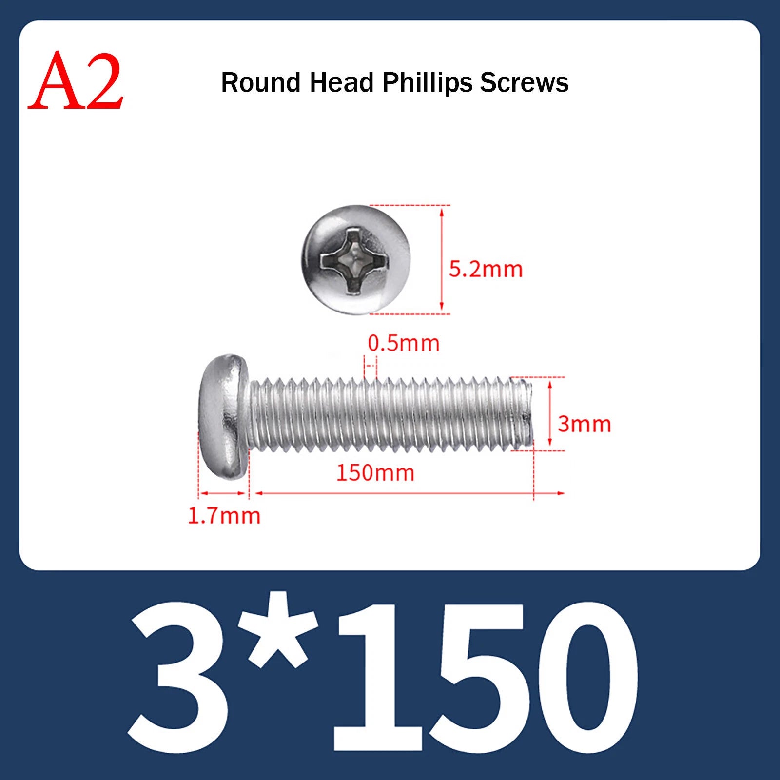 M3 Phillips Pan Head Machine Screws – A2 Stainless Steel, M3×3mm to M3×150mm (Full Length Range)