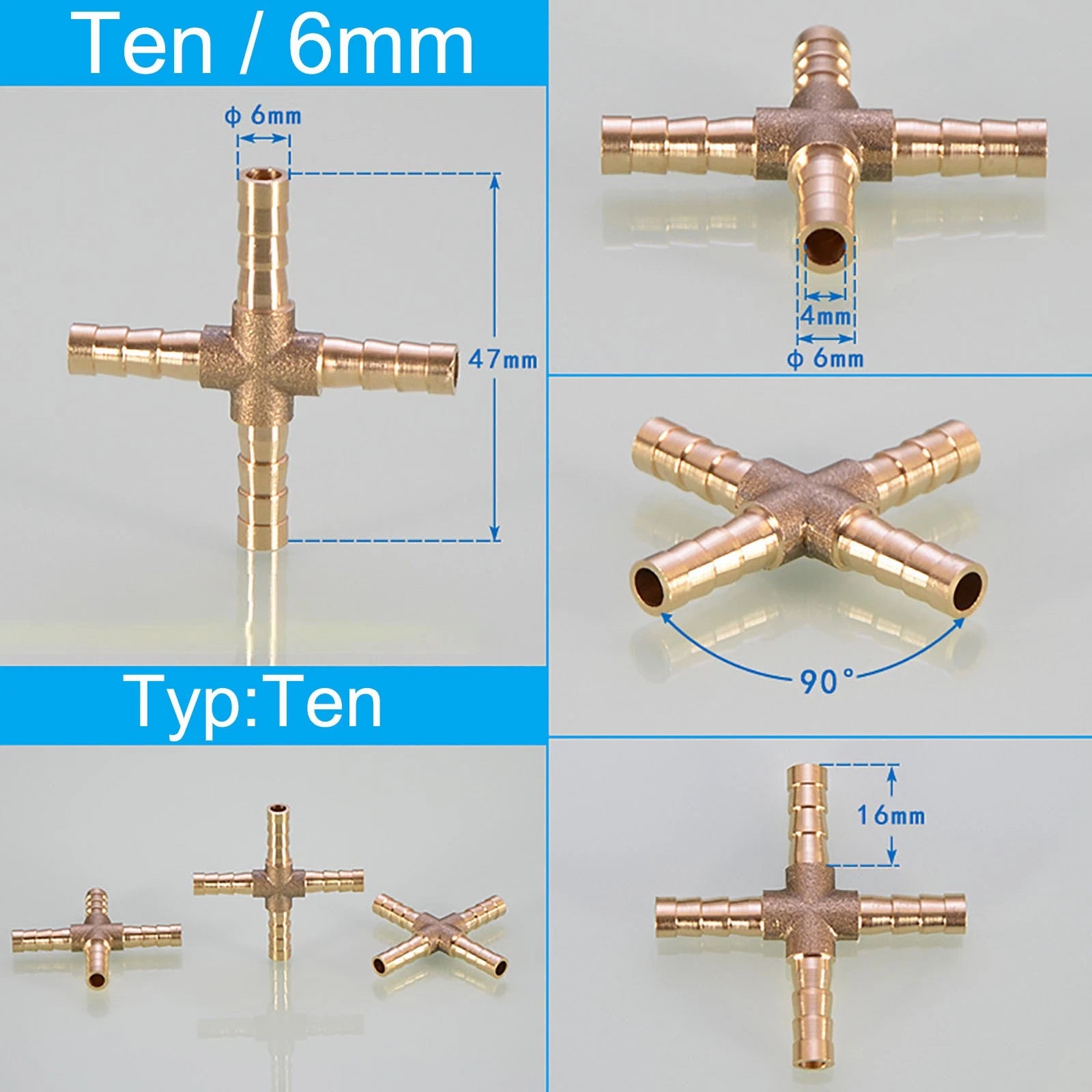 Brass Cross 4-Way Hose Barbed Fitting | Air Water Oil Gas | 6mm 8mm 10mm 12mm