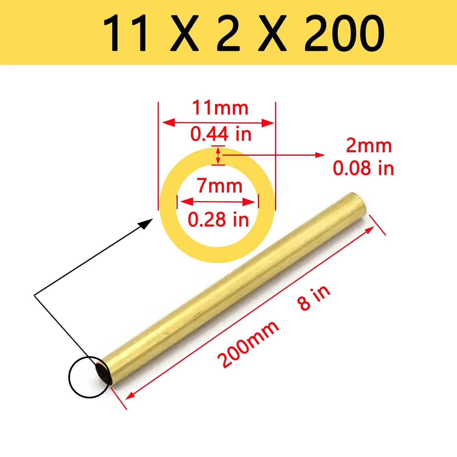 Brass Round Tube Pipe — OD 2mm to 80mm, Wall 0.5mm to 15mm, 200mm Length