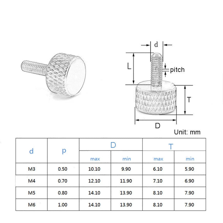 M6 Aluminum Knurled Thumb Screws Color Flat Head Thumbscrew Bolt 10mm-20mm Long