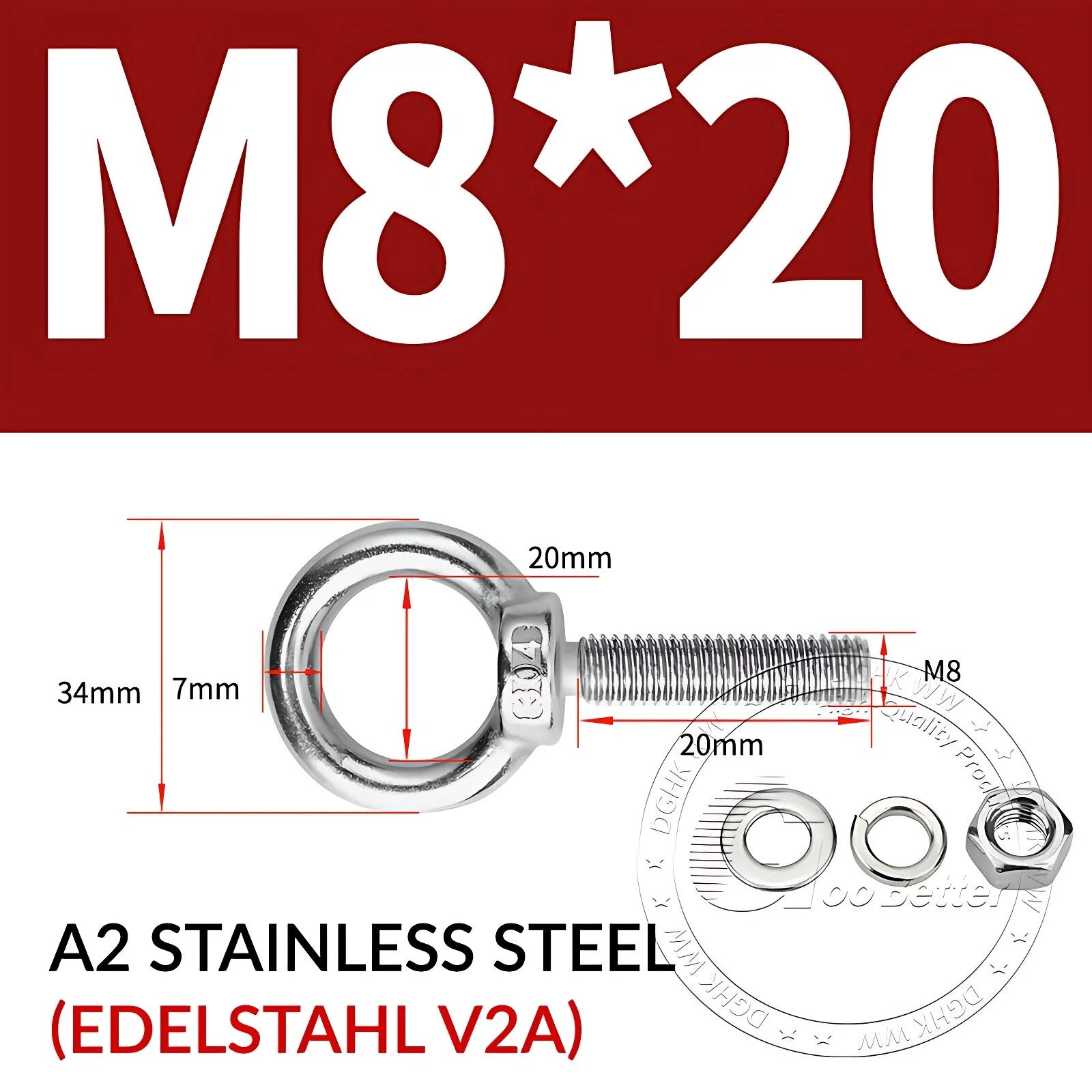 LIFTING EYE BOLTS NUTS & WASHERS A2 STAINLESS STEEL M3 M4 M5 M6 M8 M10 M12 - M30