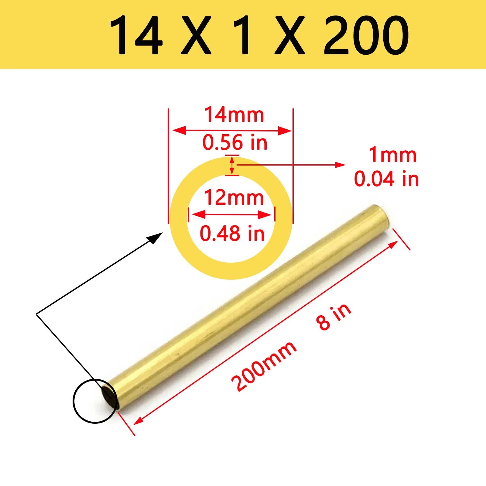 Brass Round Tube Pipe — OD 2mm to 80mm, Wall 0.5mm to 15mm, 200mm Length