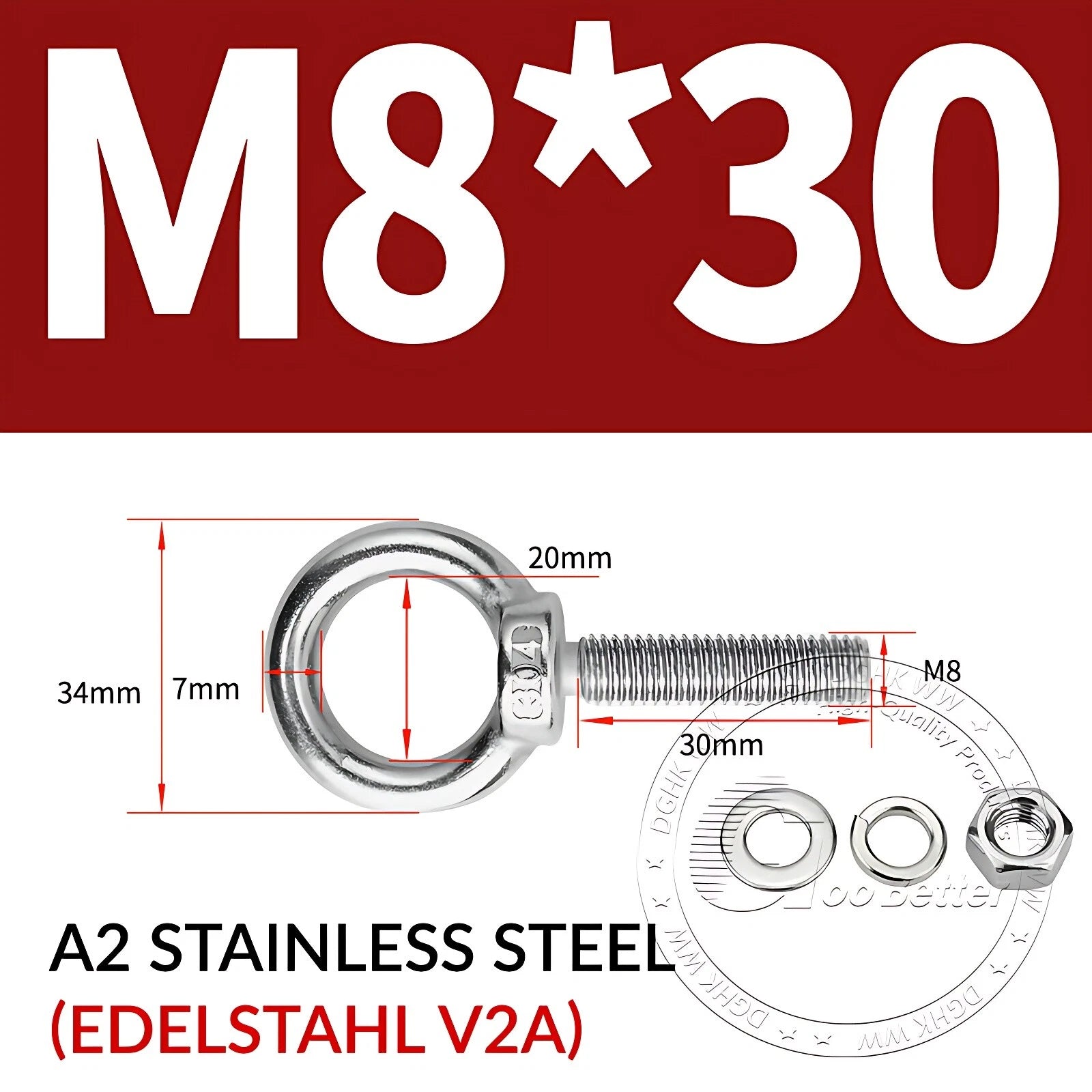 LIFTING EYE BOLTS NUTS & WASHERS A2 STAINLESS STEEL M3 M4 M5 M6 M8 M10 M12 - M30