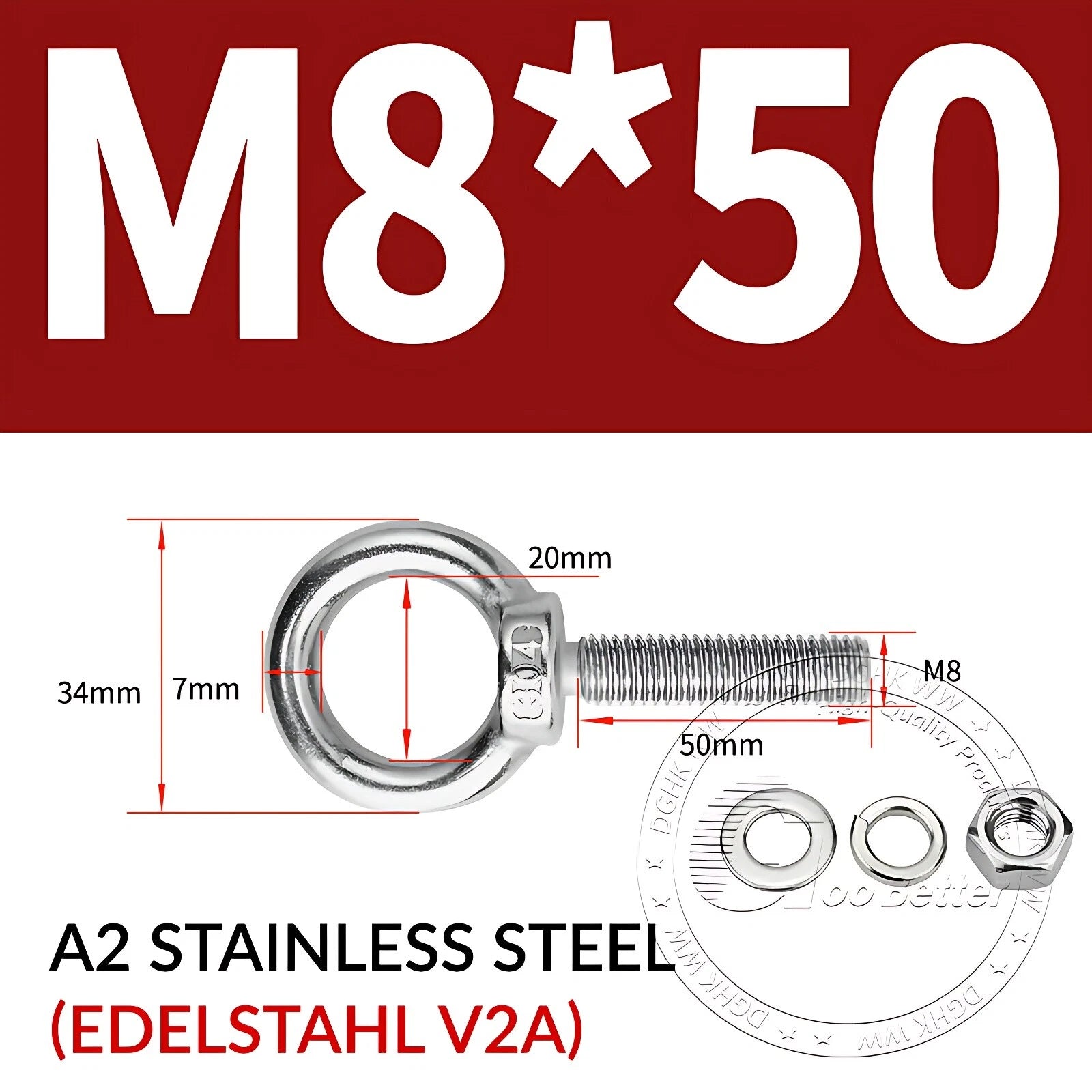 LIFTING EYE BOLTS NUTS & WASHERS A2 STAINLESS STEEL M3 M4 M5 M6 M8 M10 M12 - M30