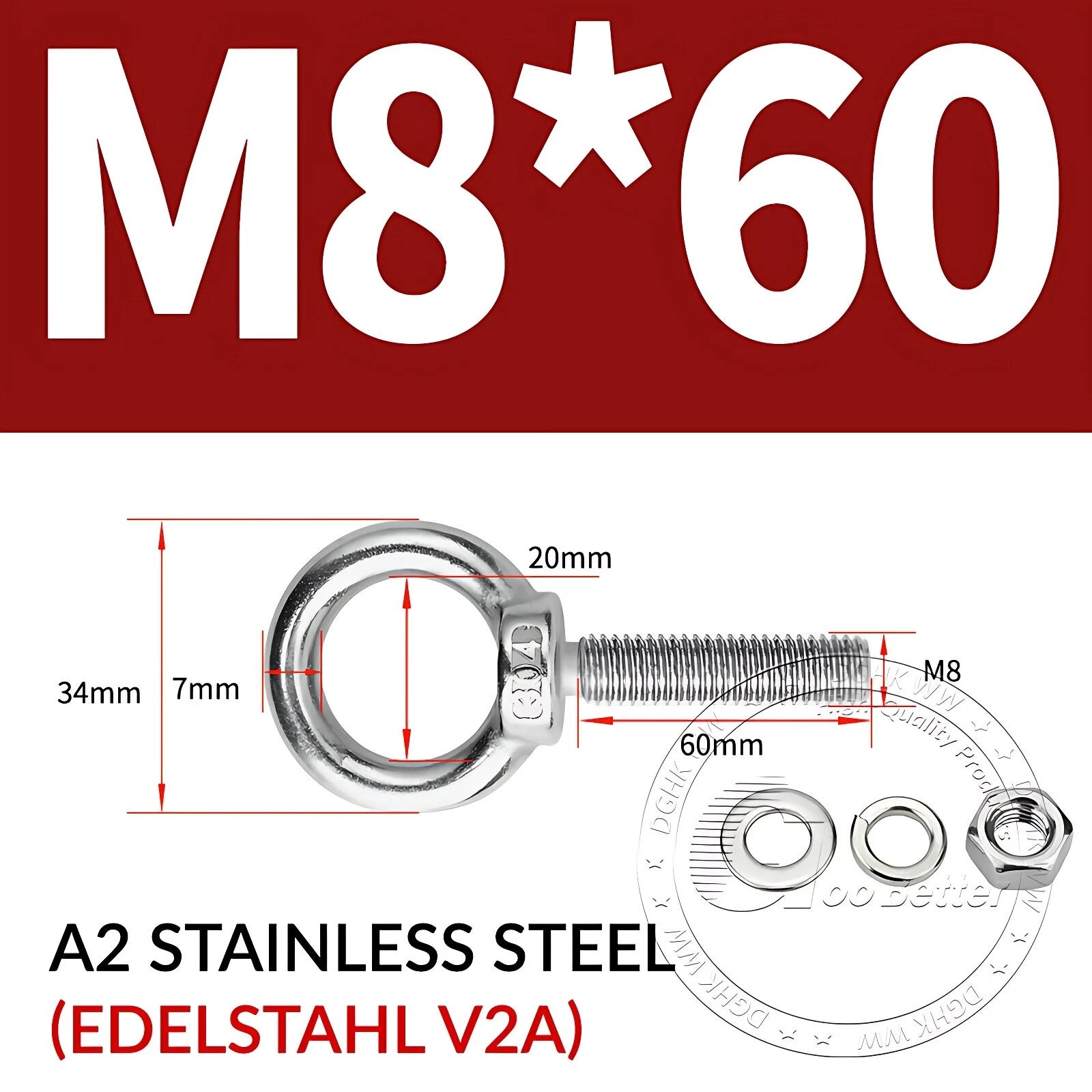 LIFTING EYE BOLTS NUTS & WASHERS A2 STAINLESS STEEL M3 M4 M5 M6 M8 M10 M12 - M30