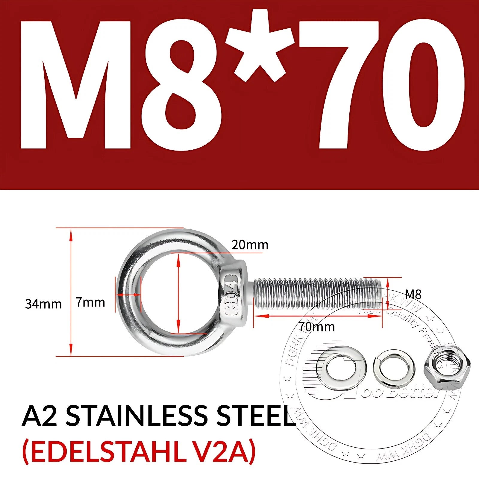 LIFTING EYE BOLTS NUTS & WASHERS A2 STAINLESS STEEL M3 M4 M5 M6 M8 M10 M12 - M30