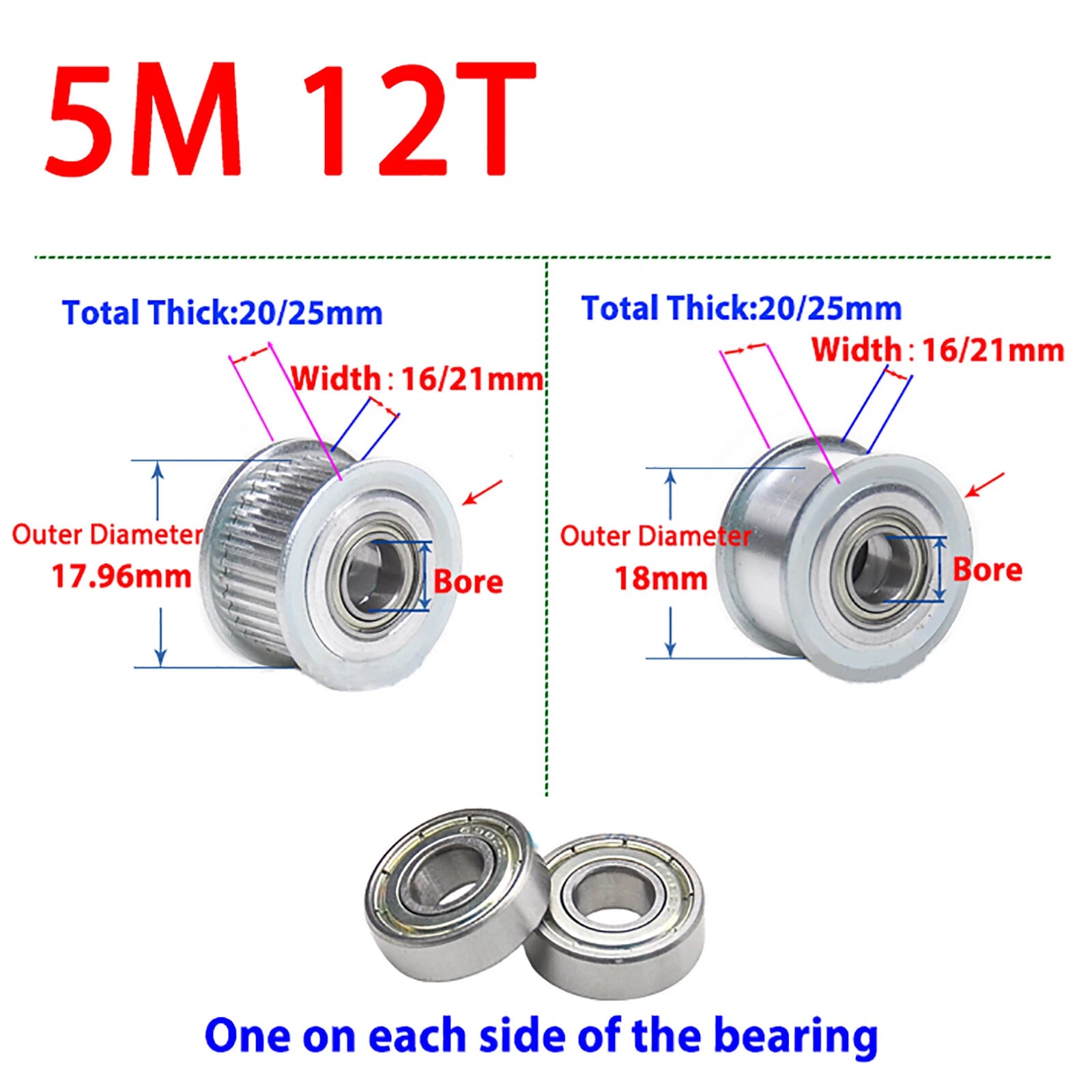 Idler Pulley 5M Timing Belt Pulley Bearing Smooth&Toothed 21mm Width 12-50 Tooth
