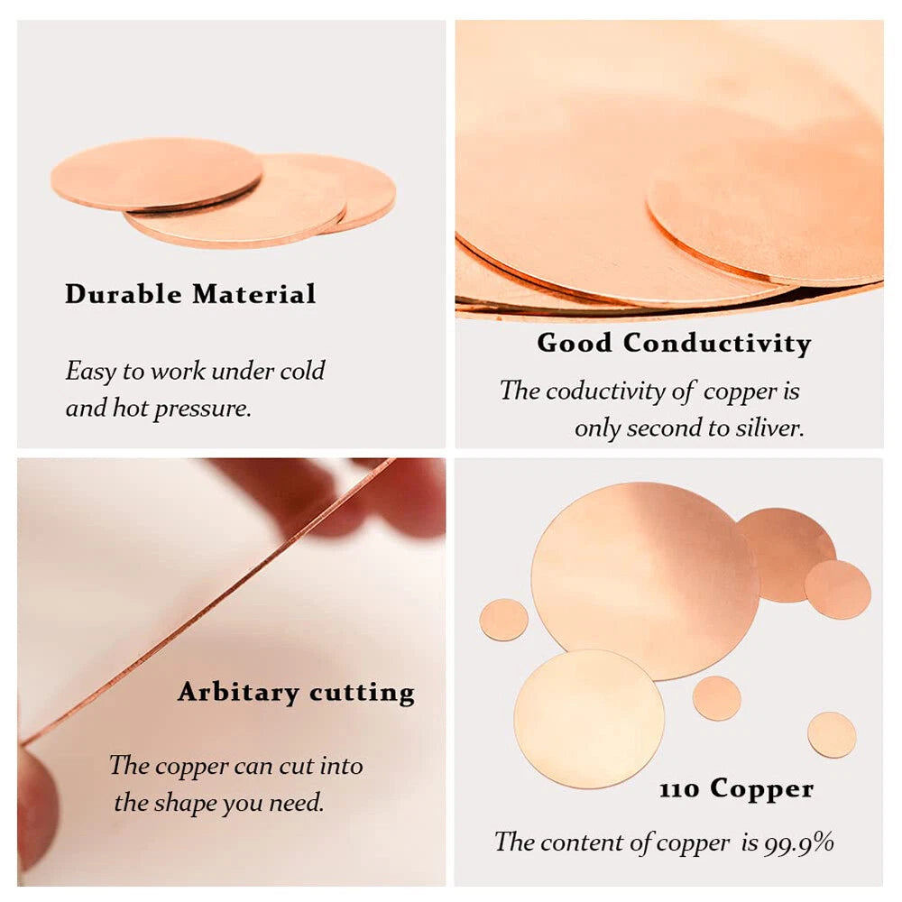 Solid Pure Copper Discs Blanks Round Plate Metal Sheet 0.5-5mm Thick 1-200mm Dia