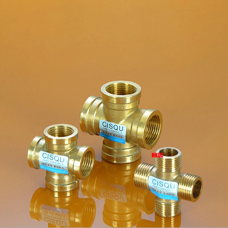 Brass 4-Way Cross Pipe Fitting — 1/2" & 3/4" Male or Female Thread, Water Air Gas