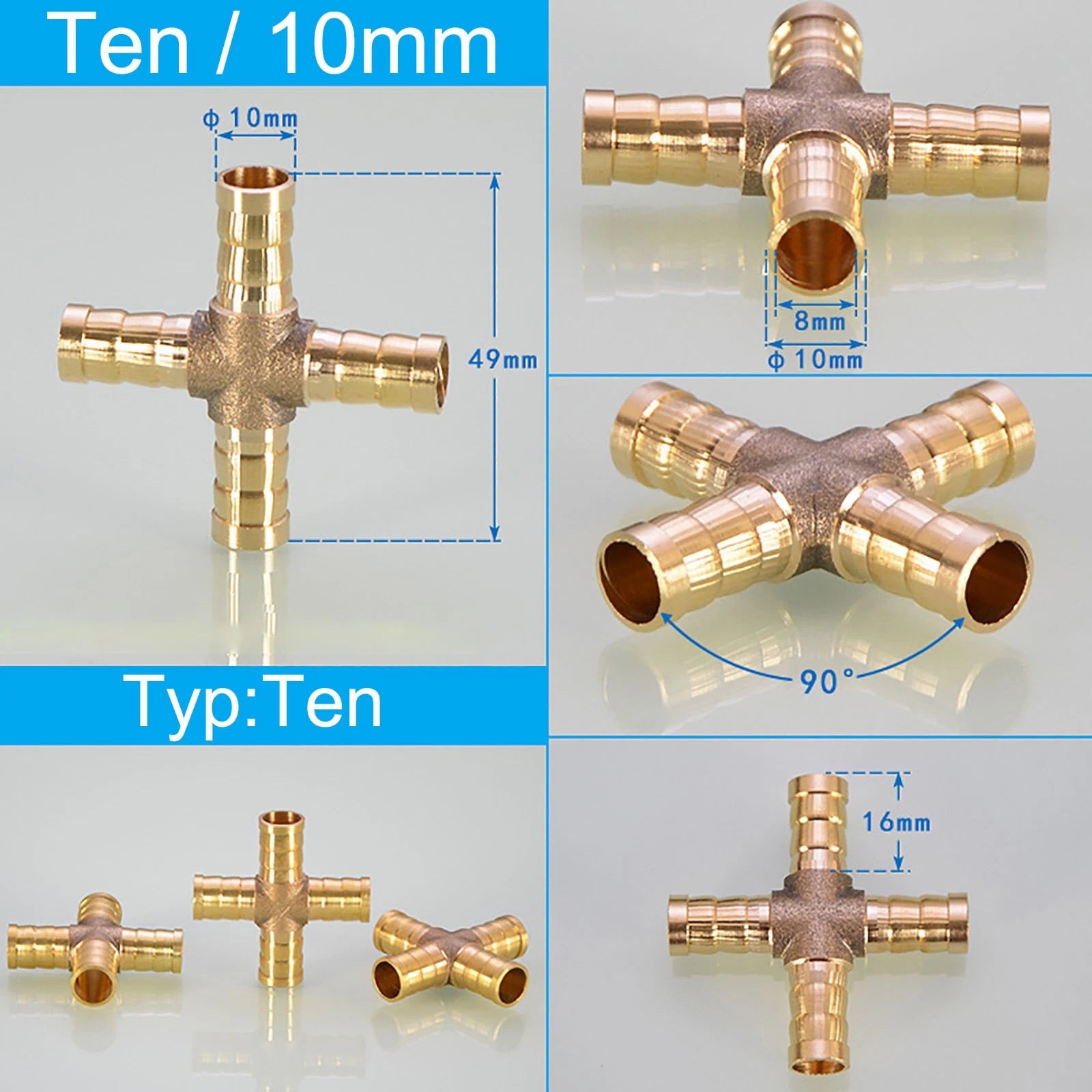 Brass Cross 4-Way Hose Barbed Fitting | Air Water Oil Gas | 6mm 8mm 10mm 12mm