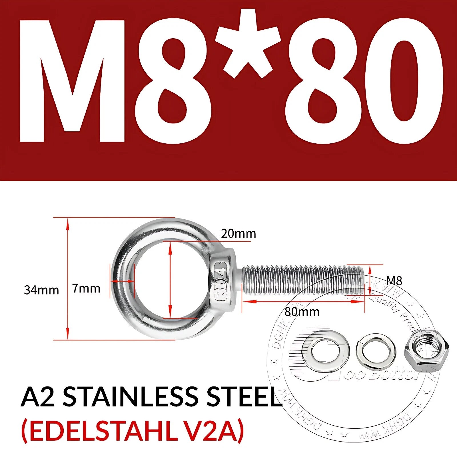 LIFTING EYE BOLTS NUTS & WASHERS A2 STAINLESS STEEL M3 M4 M5 M6 M8 M10 M12 - M30