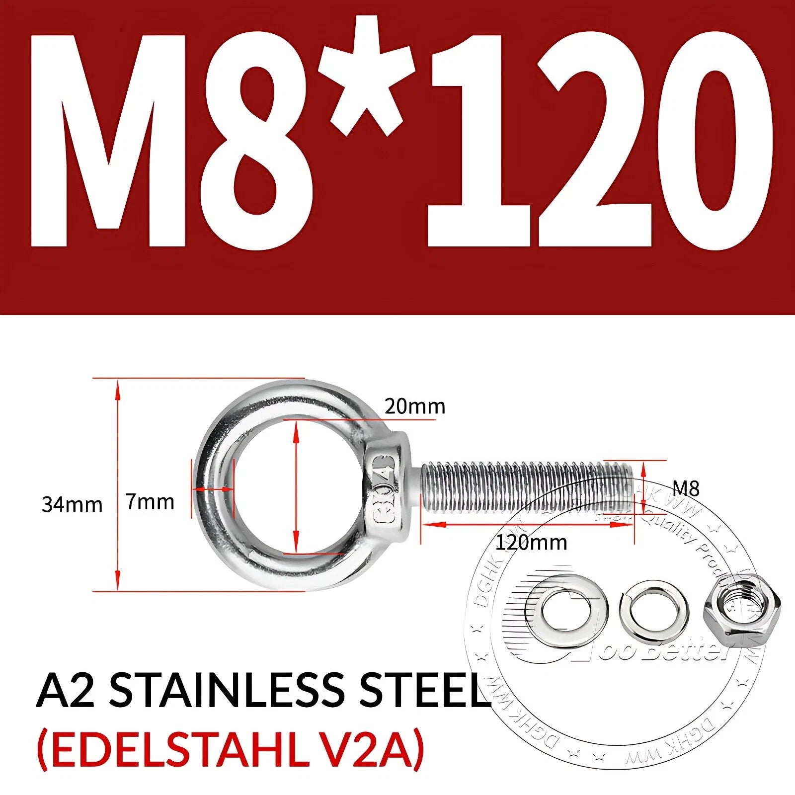 LIFTING EYE BOLTS NUTS & WASHERS A2 STAINLESS STEEL M3 M4 M5 M6 M8 M10 M12 - M30