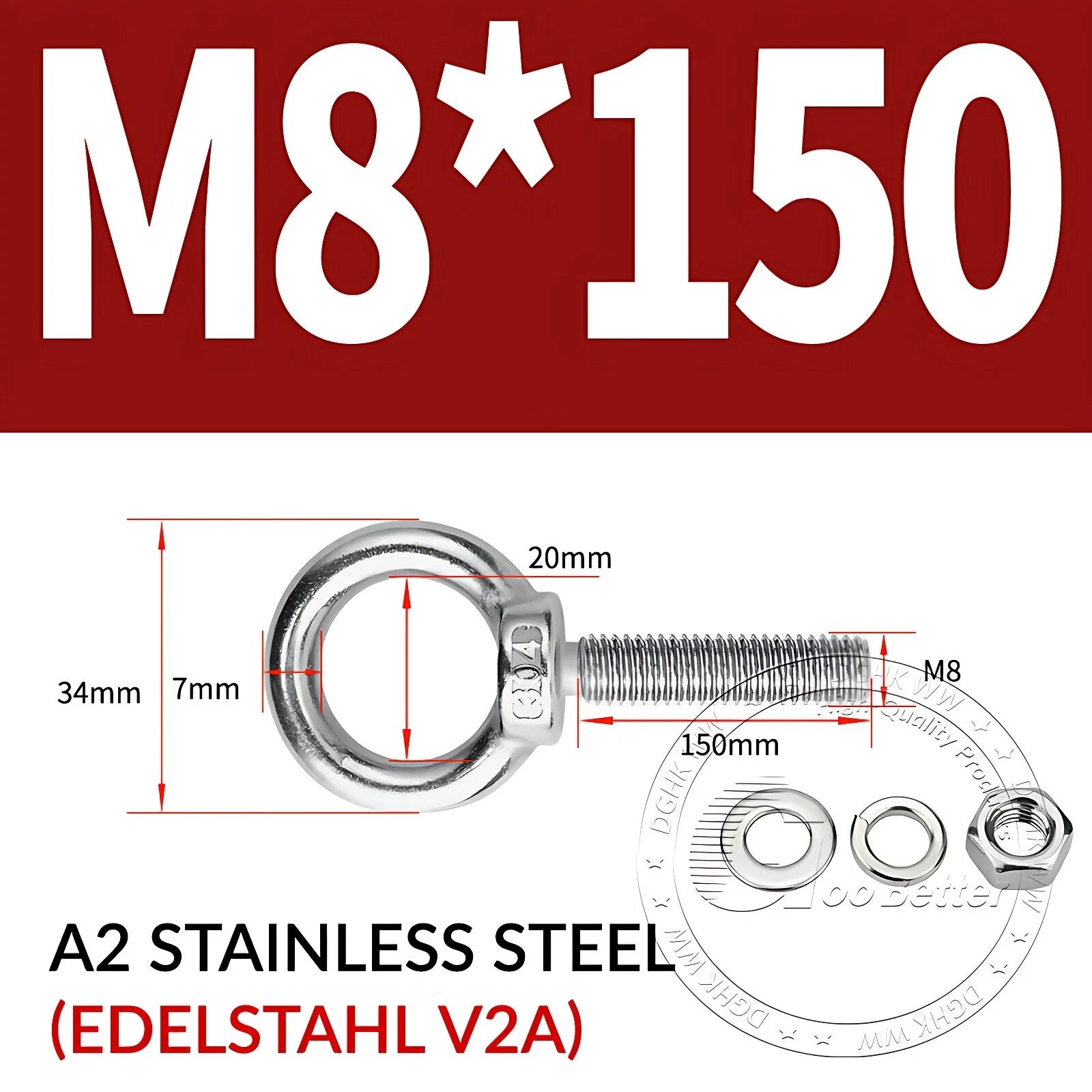 LIFTING EYE BOLTS NUTS & WASHERS A2 STAINLESS STEEL M3 M4 M5 M6 M8 M10 M12 - M30
