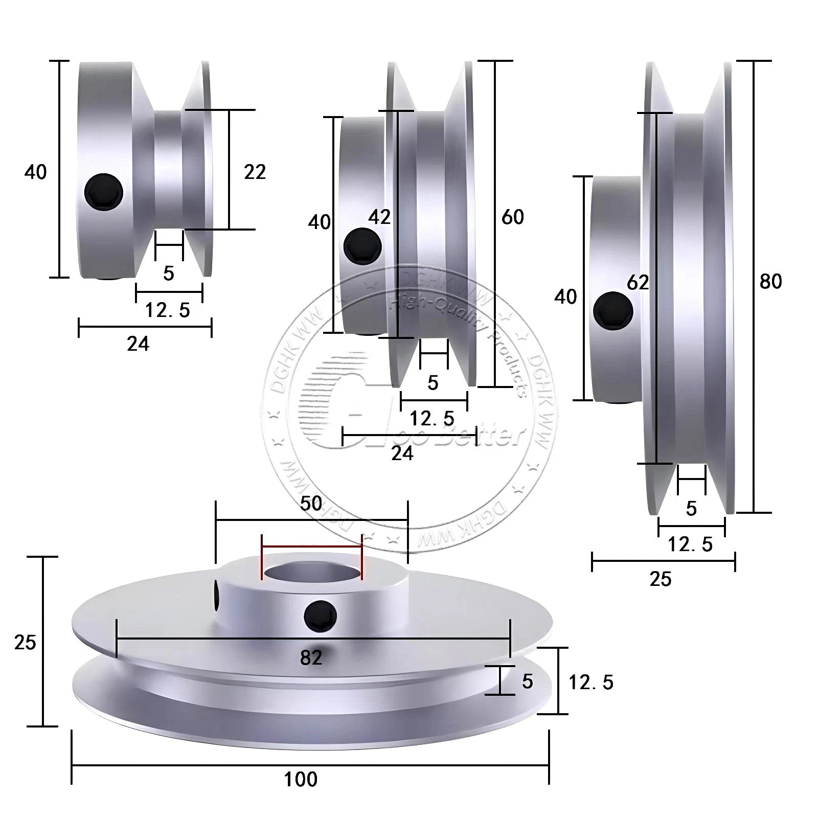 V-Groove Aluminum Drive Pulley For V-Belt Pulleys Groove 12.5mm OD 40mm-150mm
