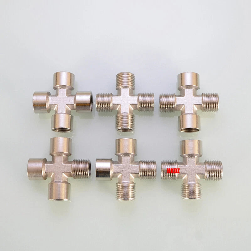 Brass 4-Way Cross Pipe Fitting — 1/2" & 3/4" Male or Female Thread, Water Air Gas