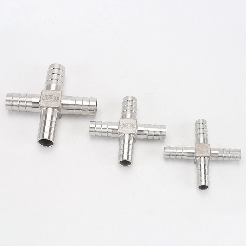 Cross Barb Hose Tail Fitting — 4-Way Connector for Air, Water & Fuel Lines | Brass or Stainless Steel A2