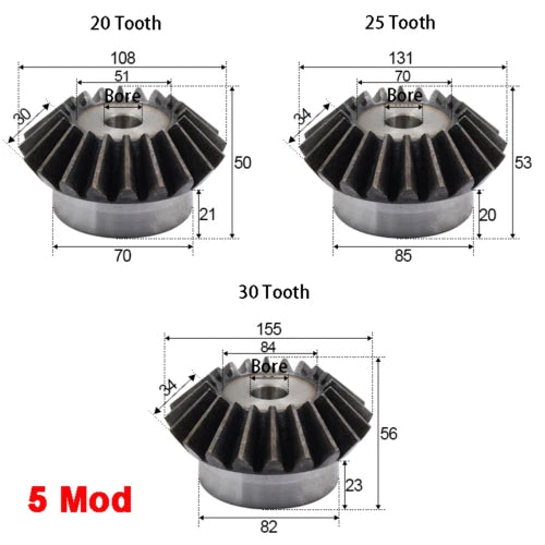 Bevel Gear Mod 3/4/5 Mod 15T-40T Teeth Transmission Gears 90° 1:1 Pairing Metal