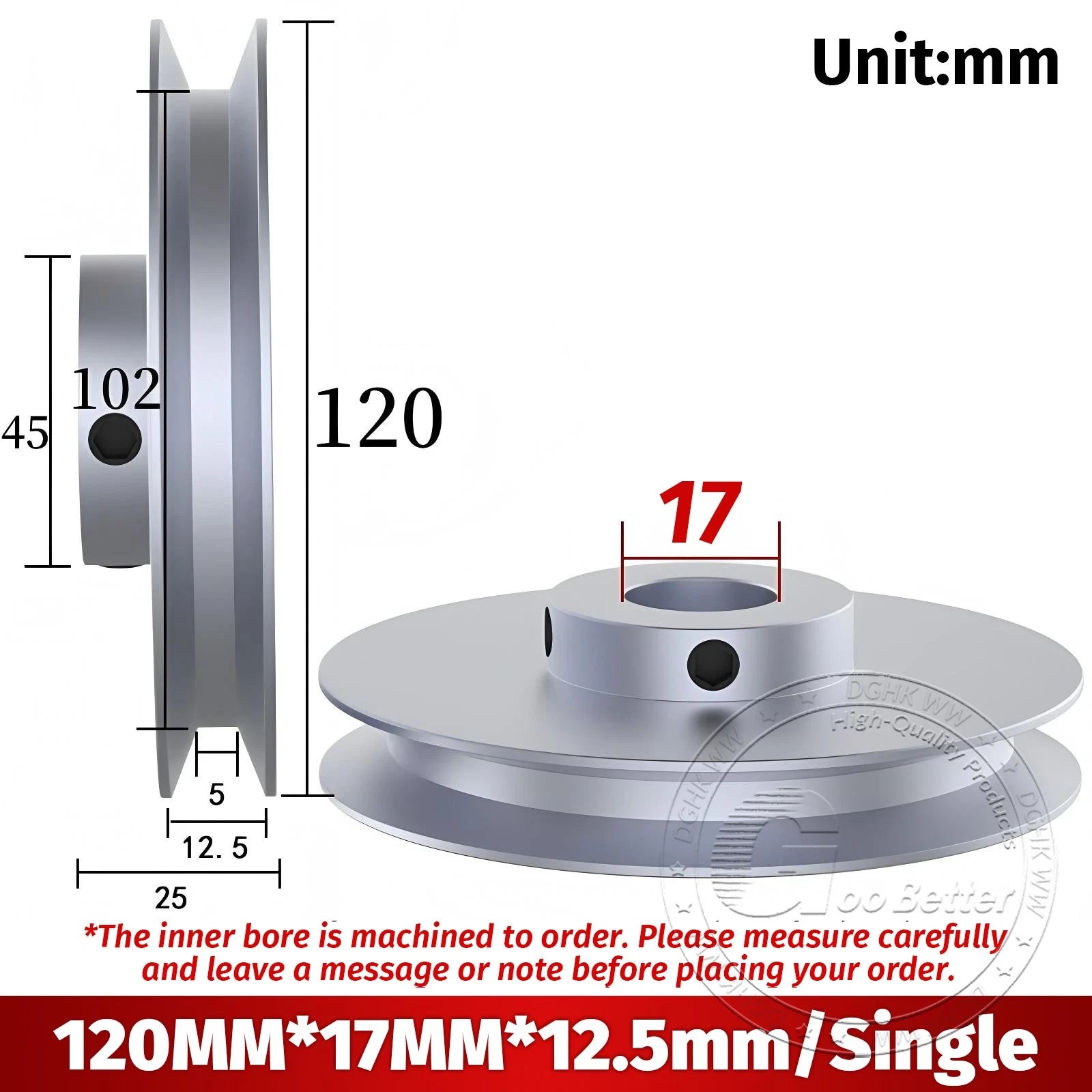 V-Groove Aluminum Drive Pulley For V-Belt Pulleys Groove 12.5mm OD 40mm-150mm