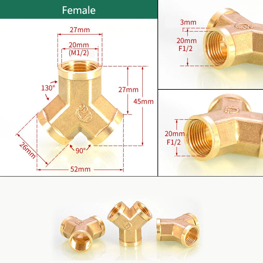 Brass BSP 1/2" Y-Type 3-Way Pipe Fitting — Female & Male Thread Connector Adapter