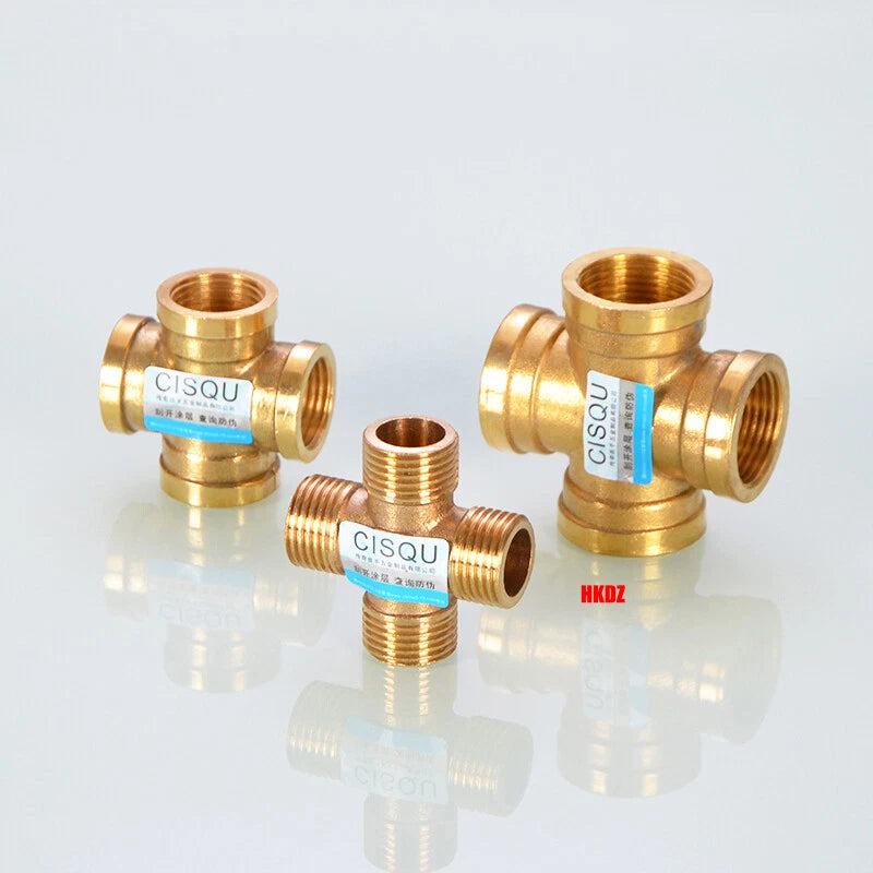 Brass 4-Way Cross Pipe Fitting — 1/2" & 3/4" Male or Female Thread, Water Air Gas