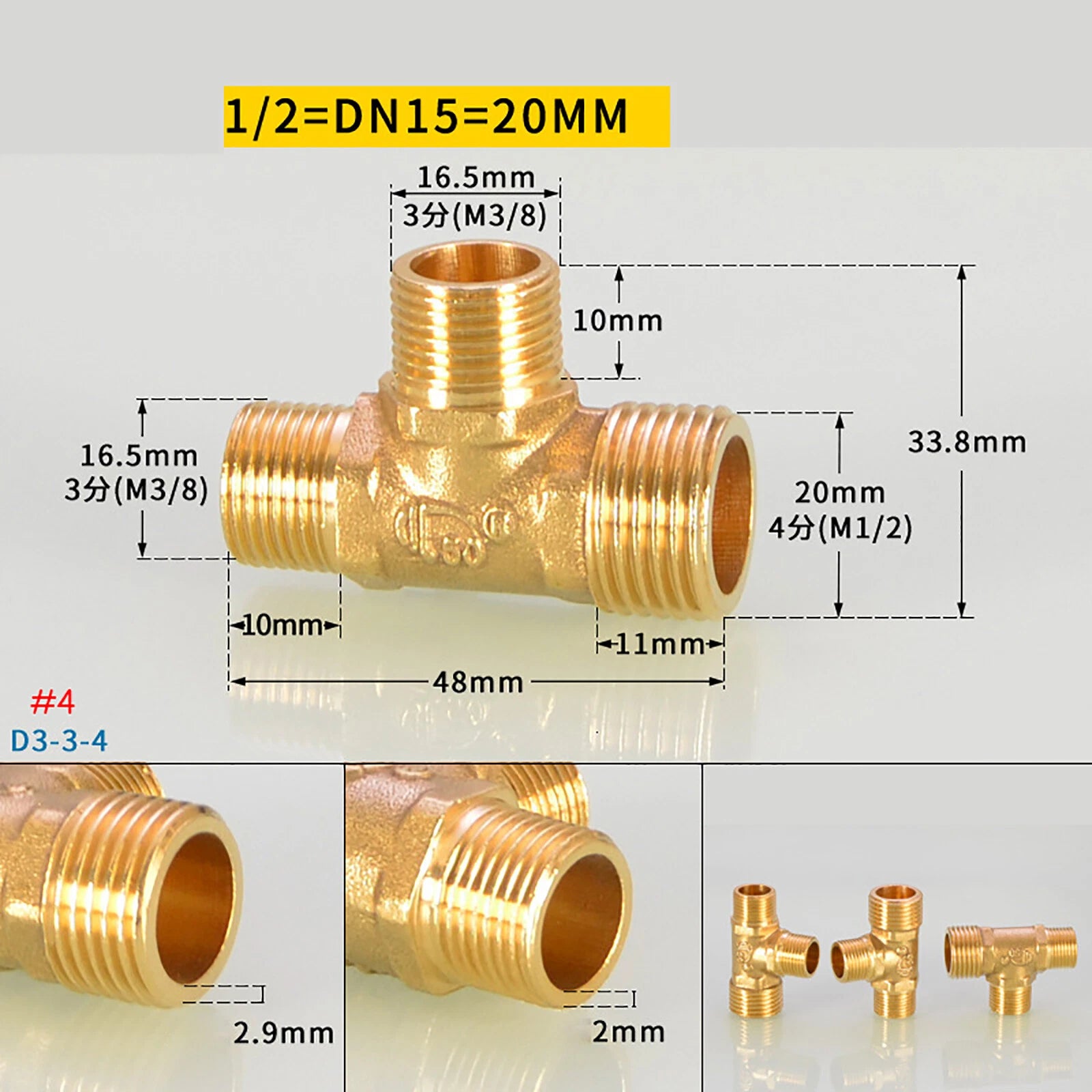 BSP Brass Tee Pipe Fittings — Male & Female Thread Combinations, 1/8" to 3/8"