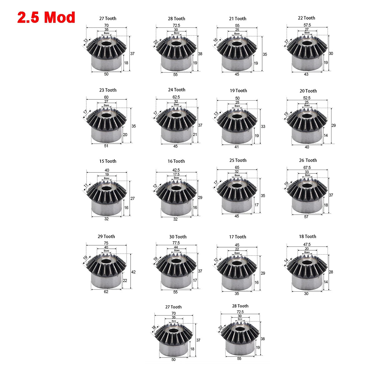Bevel Gear Mod 3/4/5 Mod 15T-40T Teeth Transmission Gears 90° 1:1 Pairing Metal