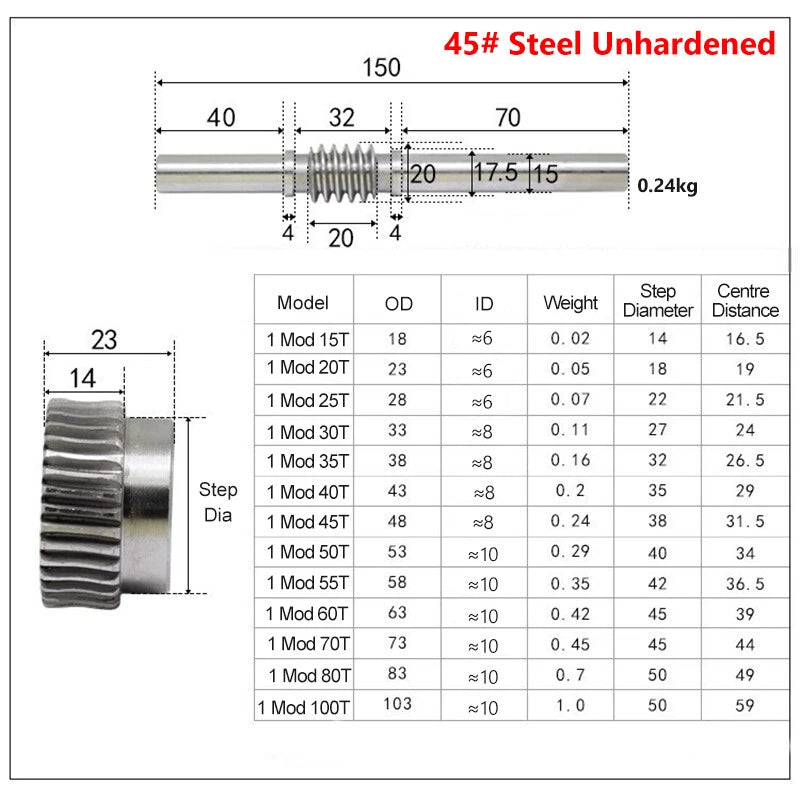 45# Steel Worm Gear Set 1 Modulus 15-100 Teeth Wheel Shaft Gear Box Shaft