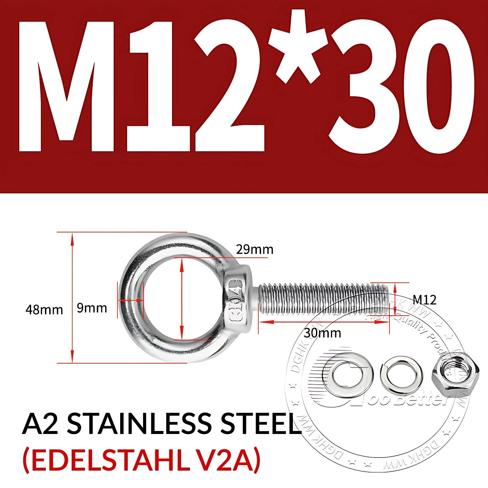 LIFTING EYE BOLTS NUTS & WASHERS A2 STAINLESS STEEL M3 M4 M5 M6 M8 M10 M12 - M30