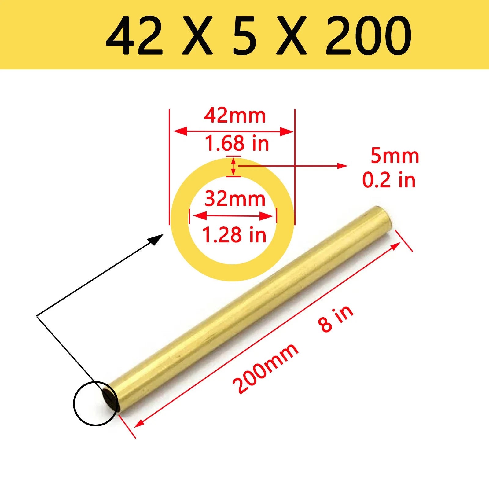 Brass Round Tube Pipe — OD 2mm to 80mm, Wall 0.5mm to 15mm, 200mm Length