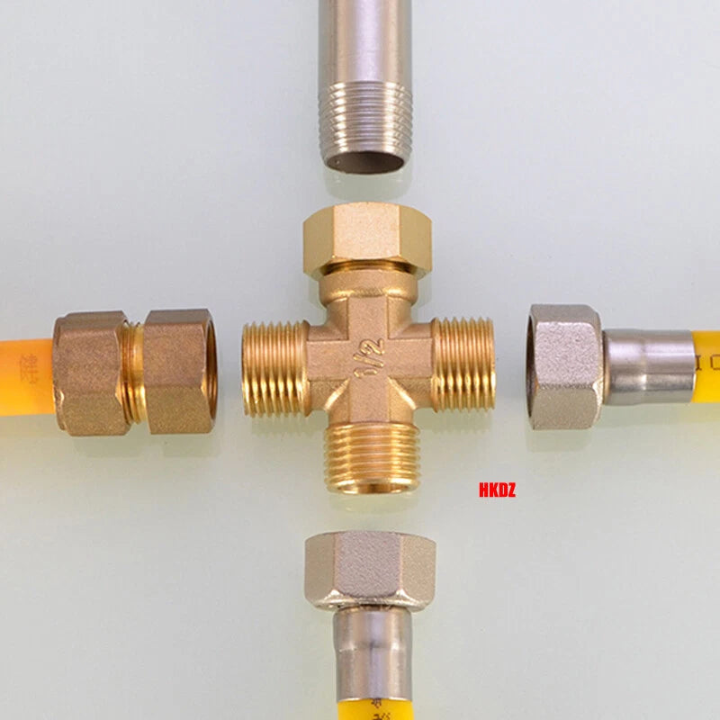 Brass 4-Way Cross Pipe Fitting — 1/2" & 3/4" Male or Female Thread, Water Air Gas