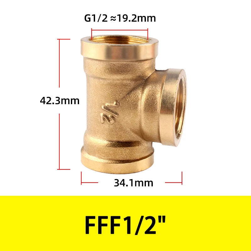 BSP Brass Tee Fitting – 90° Equal Tee Pipe Connector, Female & Male Thread, 1/8" to 1/2"