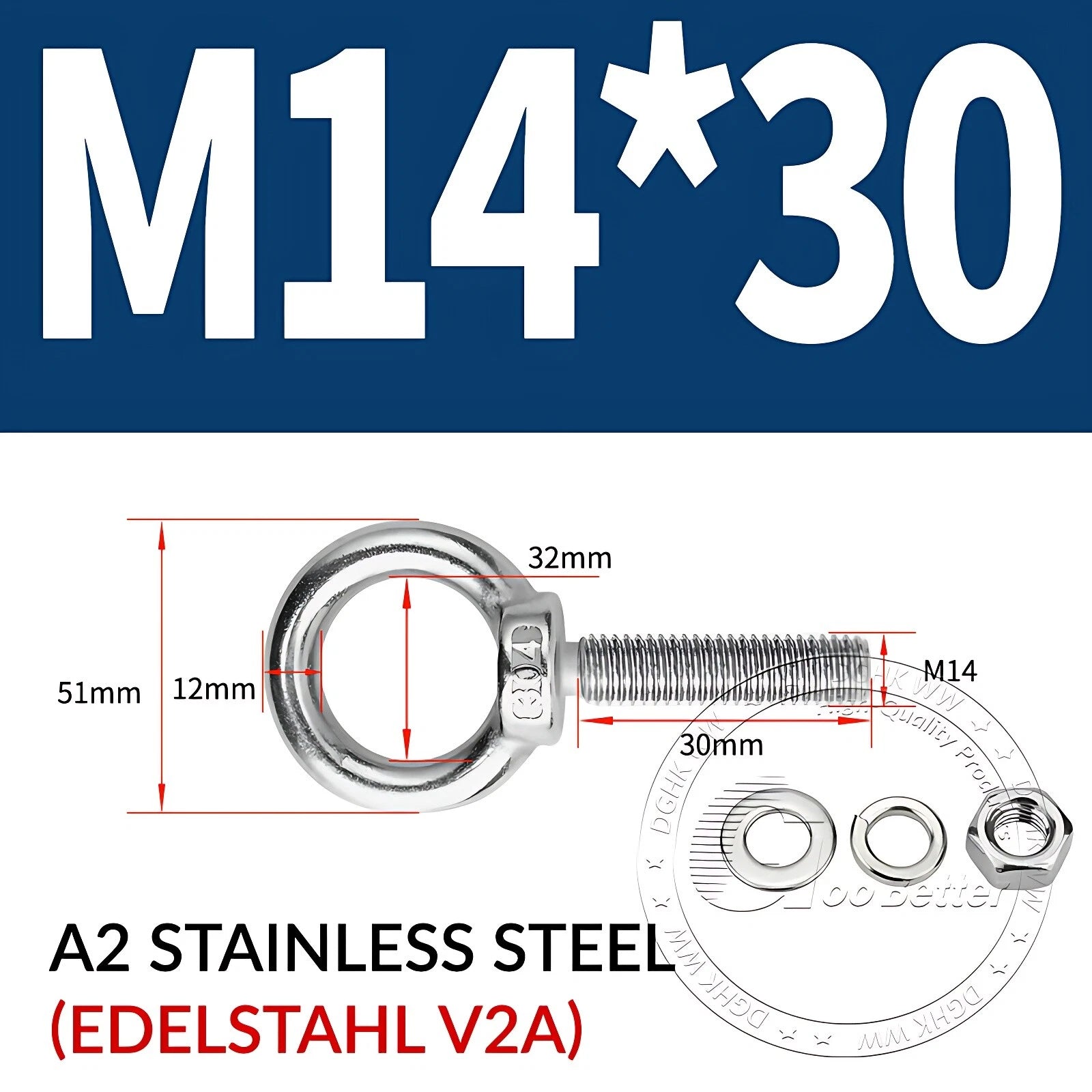 LIFTING EYE BOLTS NUTS & WASHERS A2 STAINLESS STEEL M3 M4 M5 M6 M8 M10 M12 - M30