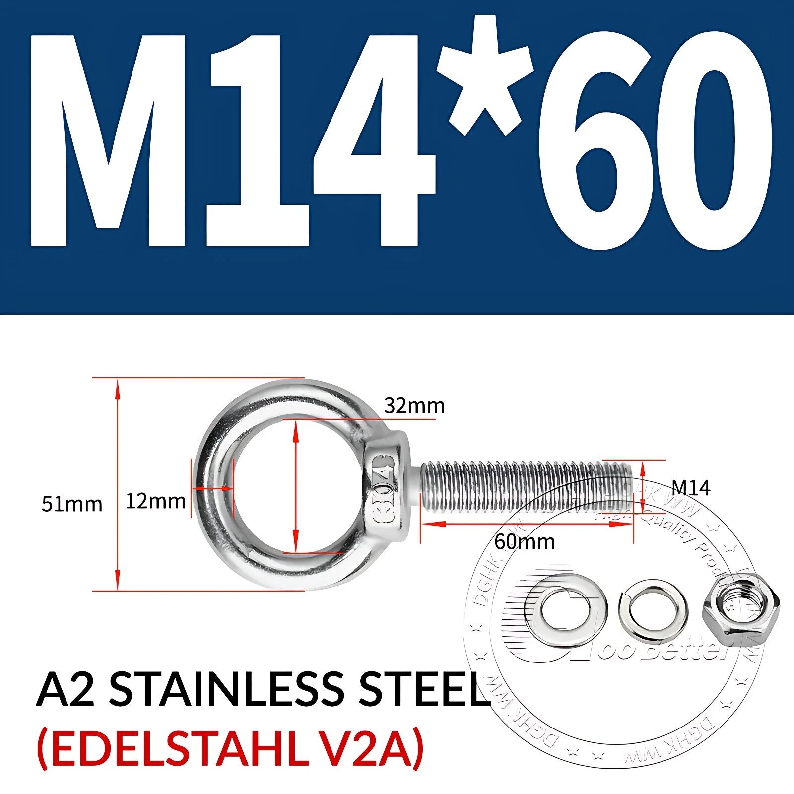 LIFTING EYE BOLTS NUTS & WASHERS A2 STAINLESS STEEL M3 M4 M5 M6 M8 M10 M12 - M30