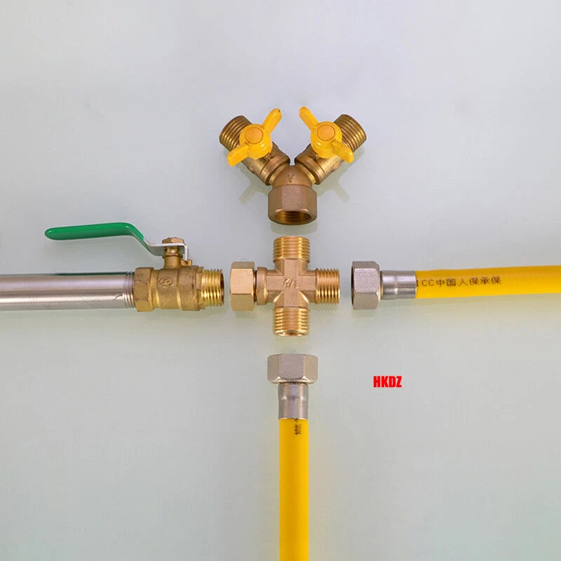 Brass 4-Way Cross Pipe Fitting — 1/2" & 3/4" Male or Female Thread, Water Air Gas