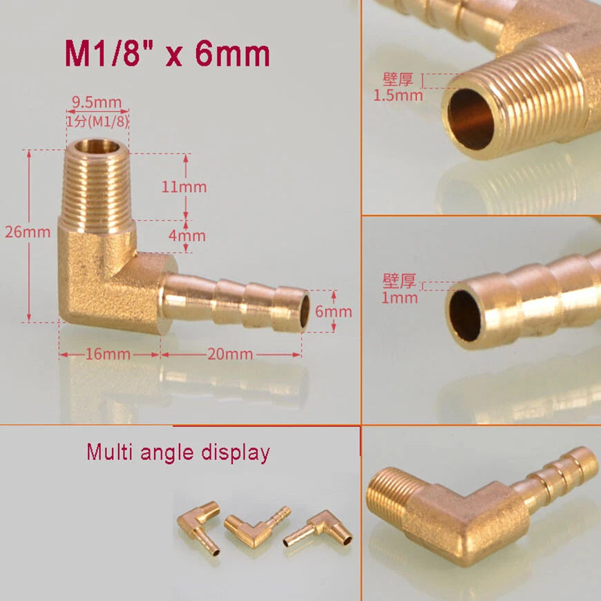 Brass BSP Male Elbow Barb Hose Tail Fittings — 1/8" to 3/4" × 6mm–25mm